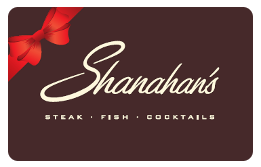 shanahans logo over purple background with red gift bow in top left corner